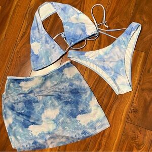 Blue Tie-Dye Bikini Set with Skirt